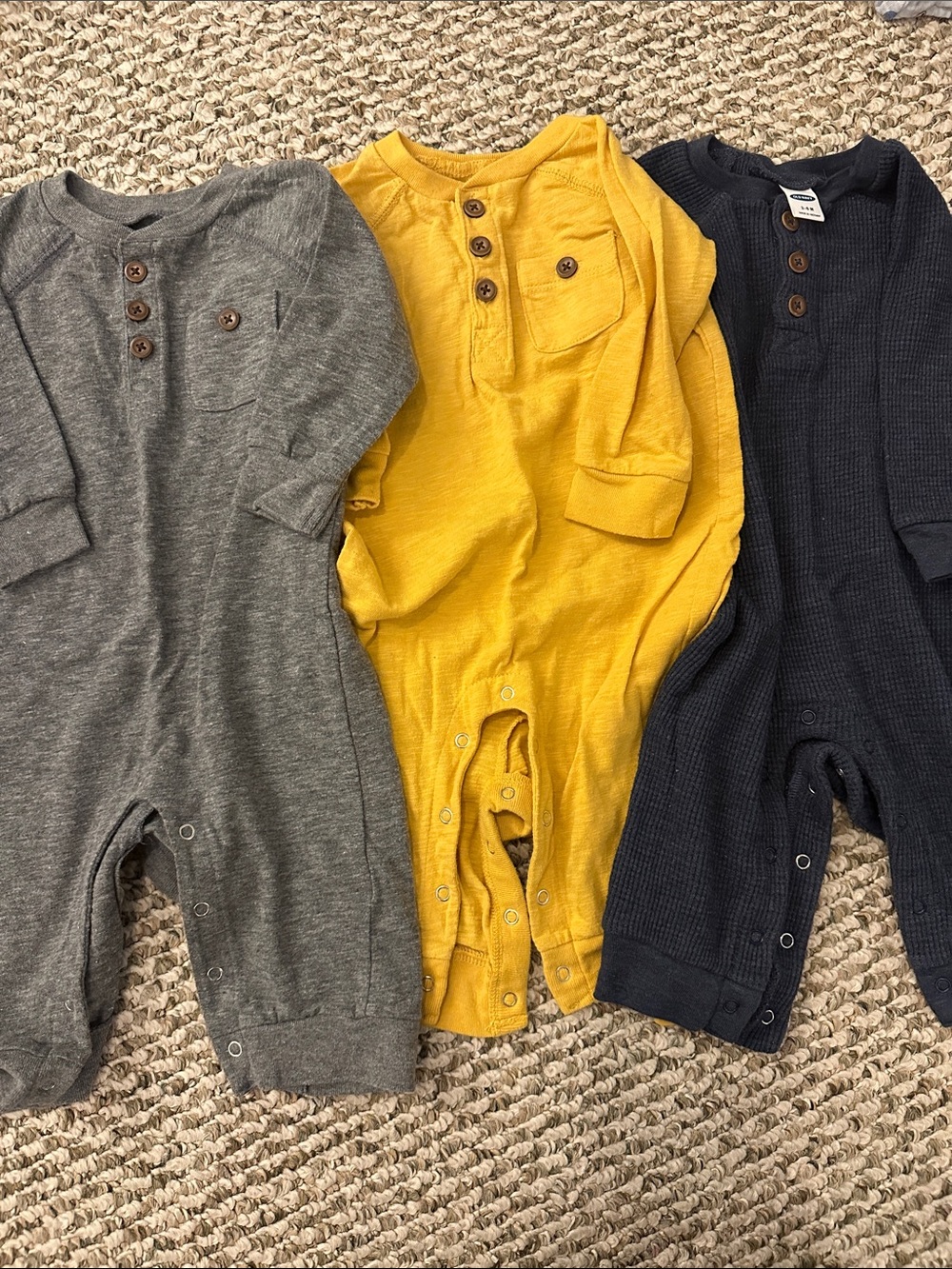 Old Navy Baby Rompers Set in Gray, Mustard, and Navy